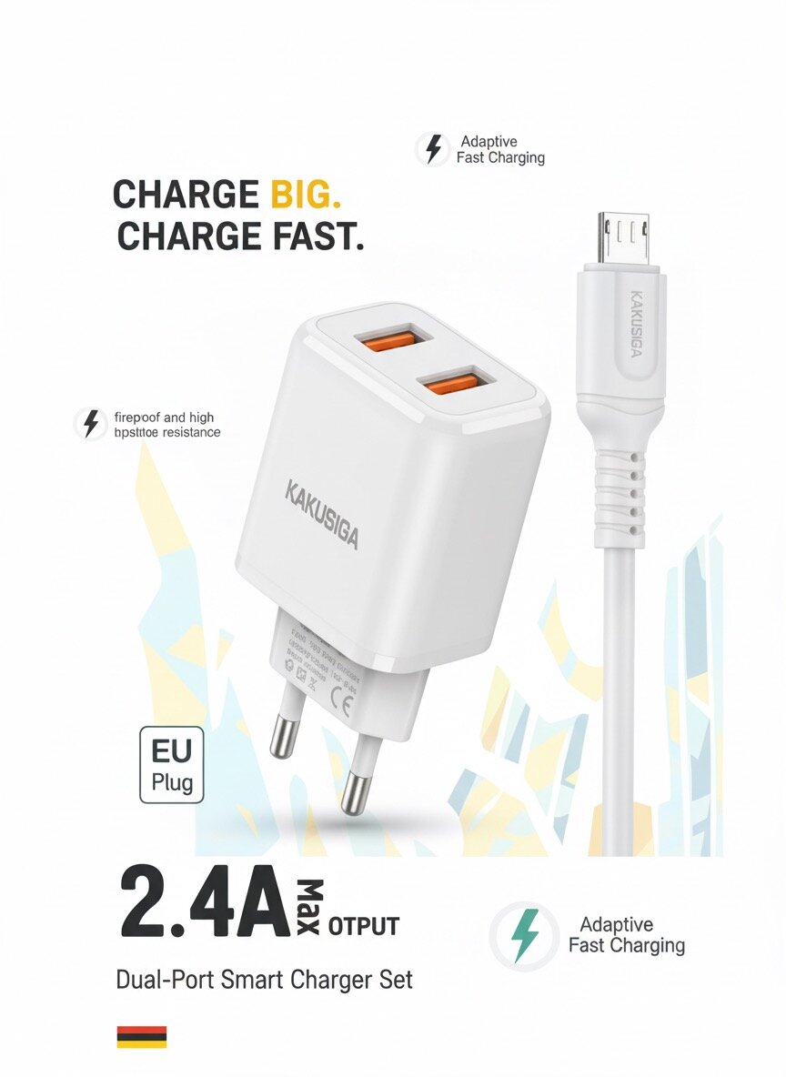 Зарядное устройство KAKUSIGA 2.4A Max с кабелем Micro USB (2 порта USB, евровилка)