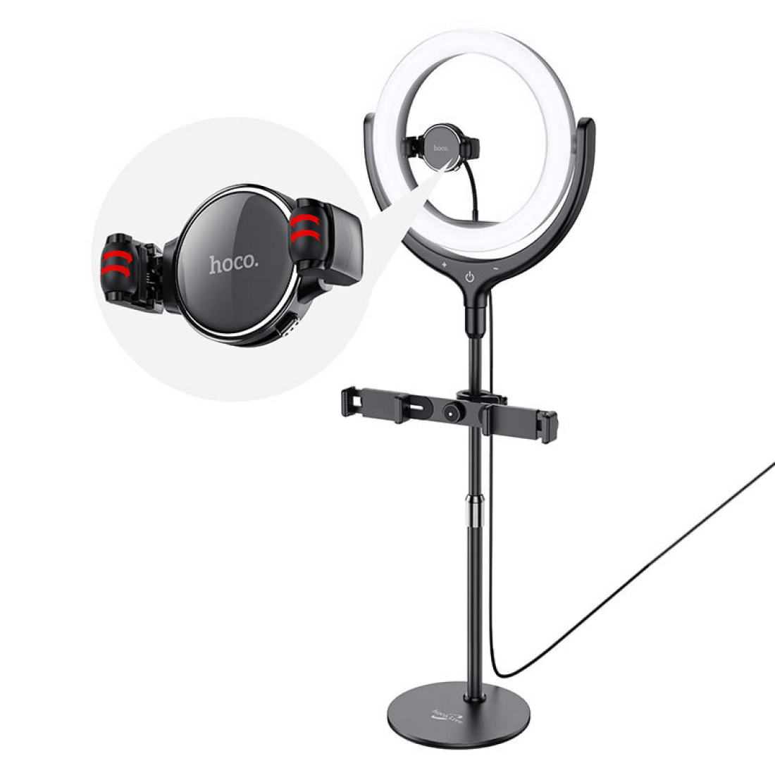 Картинки Кольцевая лампа hoco LV01 Rouge, для стримов, с держателем для трех смартфонов, USB, 34 см