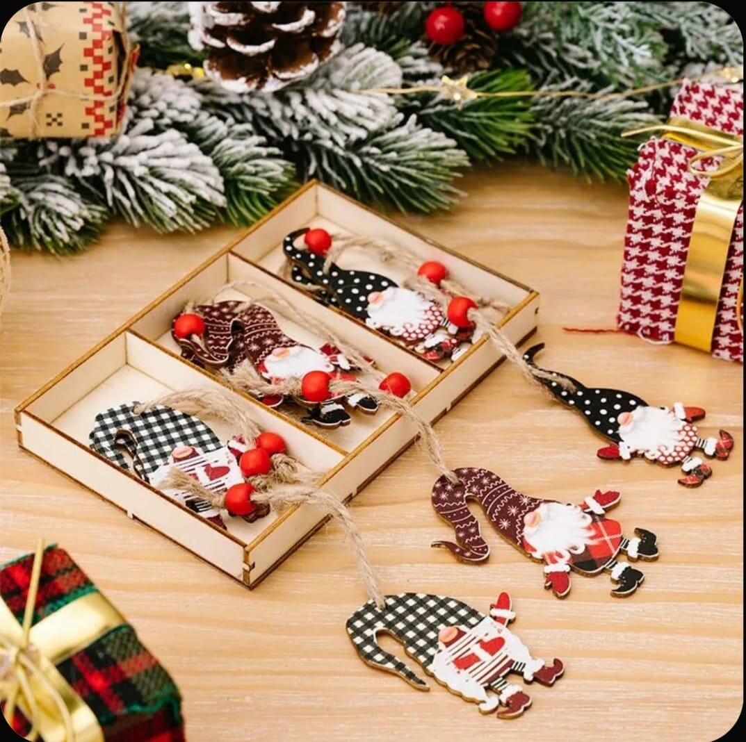 Елочные украшения "Гномы" в деревянной коробке модель D/ подарочный набор украшений/ игрушки на елку/деревянные фигурки