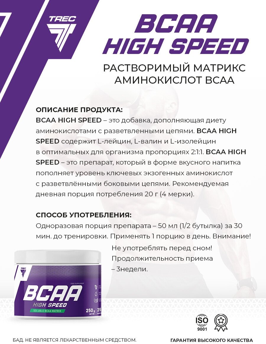 BCAA спорт питание порошок 250 гр, Trec Nutrition BCAA 2:1:1 High Speed, вкус кактус
