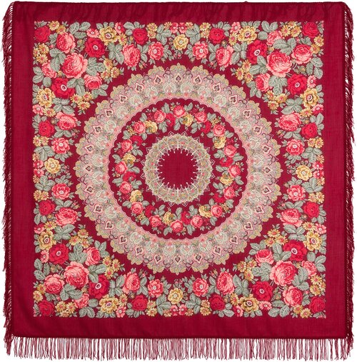Платок Павловопосадская платочная мануфактура, 146х146 см, зеленый, розовый