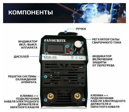 Сварочный аппарат инверторный Favourite MMA-200A с экраном 4 кВт электрод 16-3 ПВ 60%