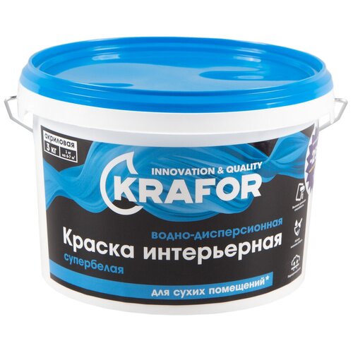 Краска водно-дисперсионная интерьерная Krafor, матовая, 3 кг, супербелая
