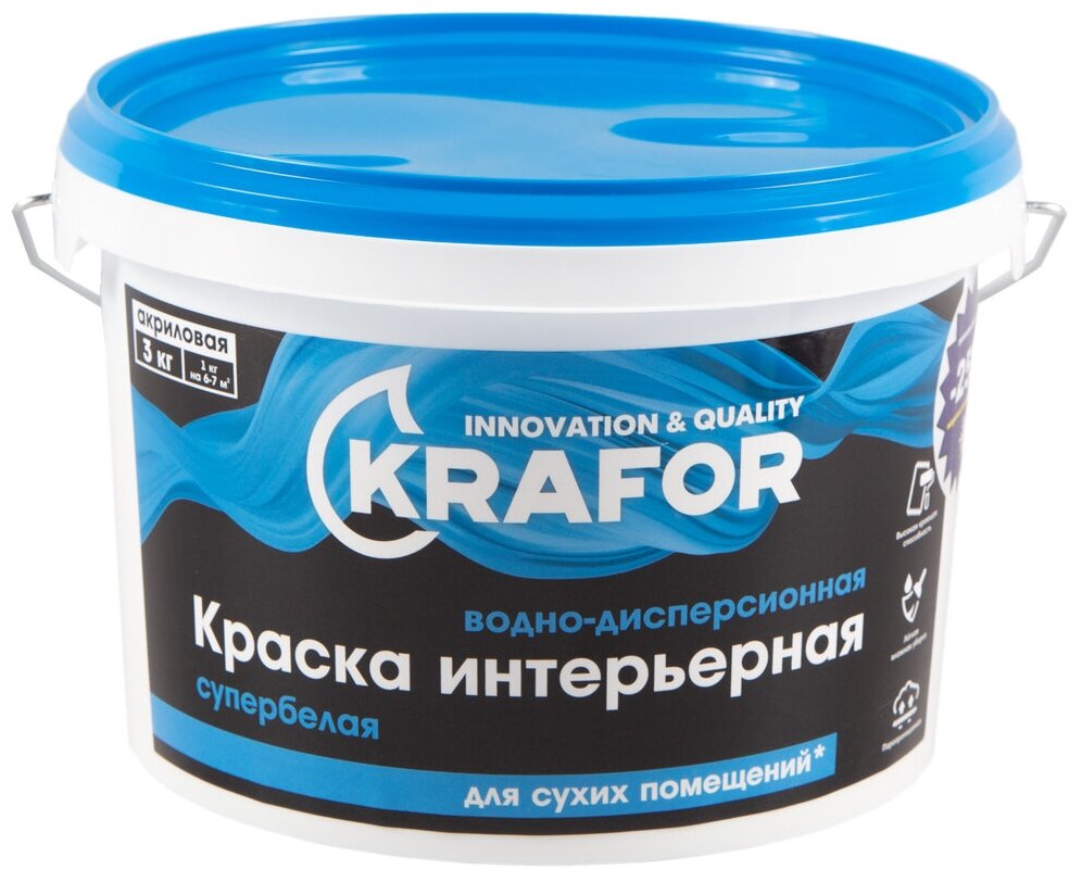 фото Краска водно-дисперсионная интерьерная Krafor, матовая, 3 кг, супербелая