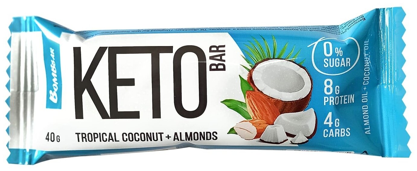 BOMBBAR протеиновый батончик Keto Bar со вкусом тропический кокос и миндаль 40 гр. - фотография № 1