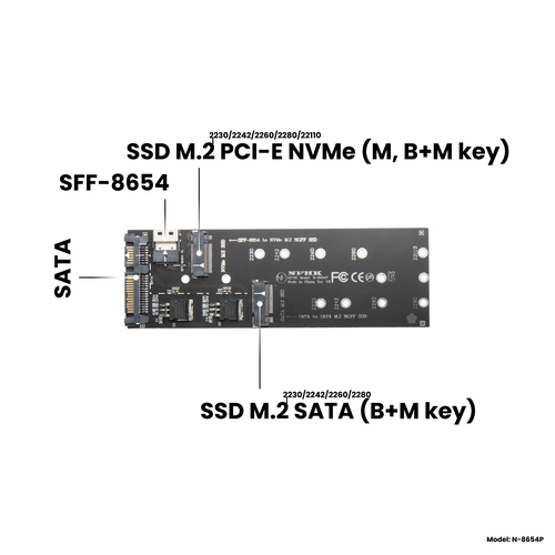 Адаптер-переходник (плата расширения) для SSD M.2 SATA (B+M key) в разъем SATA / M.2 PCI-E NVMe (M, B+M key) в разъем SFF-8654, NFHK N-8654P jimier pci e 3 0 x4 lane host adapter m 2 ngff m key ssd to u 2 u2 kit sff 8639 for mainboard intel ssd 750 p3600 p3700