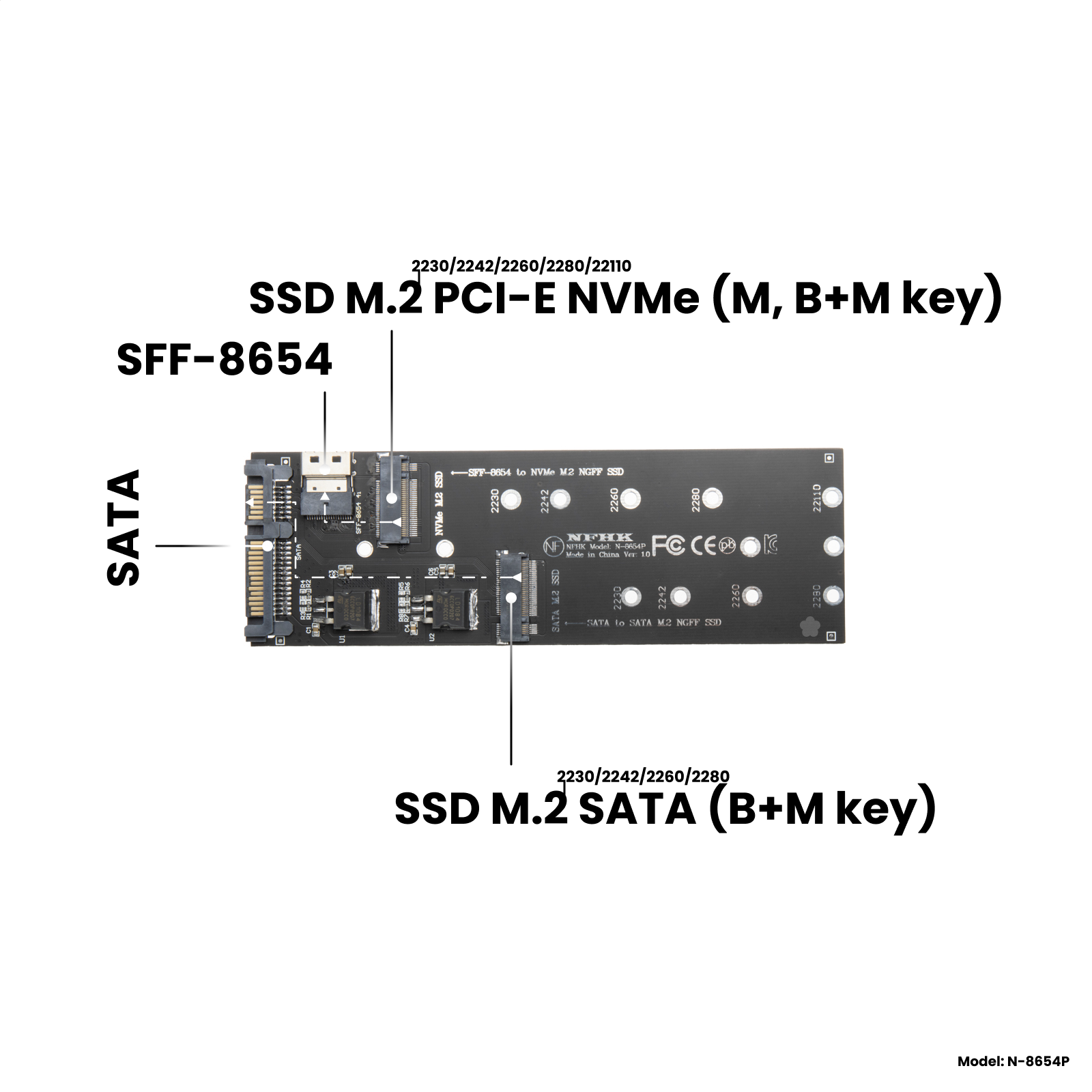 Адаптер-переходник (плата расширения) для SSD M.2 SATA (B+M key) в разъем SATA / M.2 PCI-E NVMe (M B+M key) в разъем SFF-8654 NFHK N-8654P