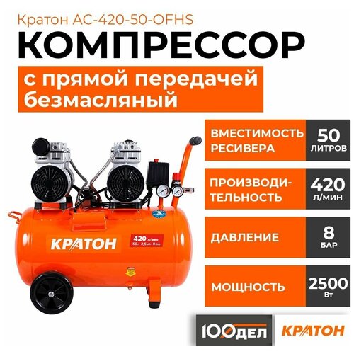 Компрессор с прямой передачей безмасляный Кратон AC-420-50-OFHS, 8 бар, 420 л/мин, 2500 Вт, 50л компрессор с прямой передачей безмасляный кратон ac 420 50 ofhs