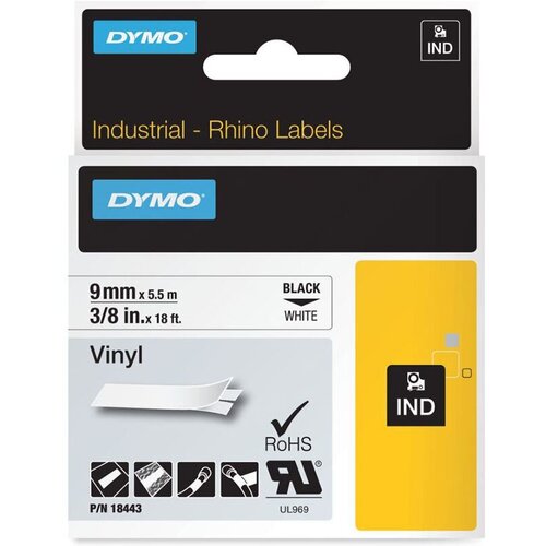 Картридж Dymo, c виниловой лентой, для принтеров Rhino, черный шрифт, 5.5 м x 9 мм Белый,