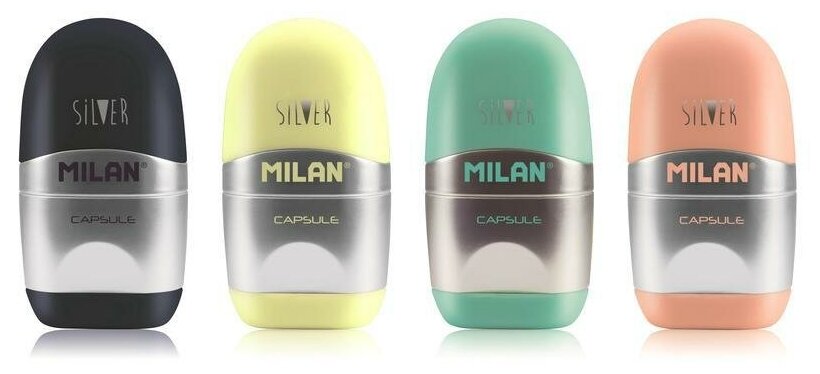 Точилка ручная пластиковая с ластиком Milan Capsule Silver (1 отверстие, с контейнером, разные виды) 12шт. (4714112)