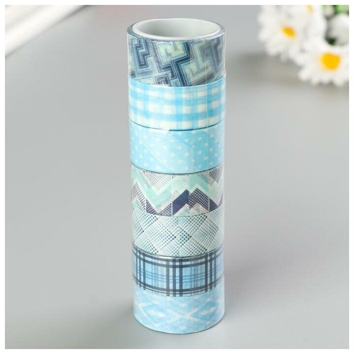 Остров сокровищ Клейкие WASHI-ленты для декора оттенки синего, 15 мм х 3 м (набор 7шт) рисовая бумага