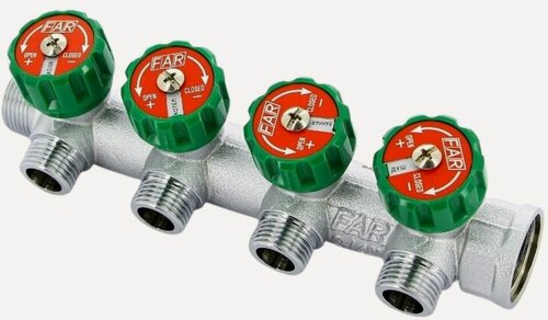 Изображение товара Коллектор FAR 1"х1/2" 4 выхода под плоскую прокладку хромированный с вентилями