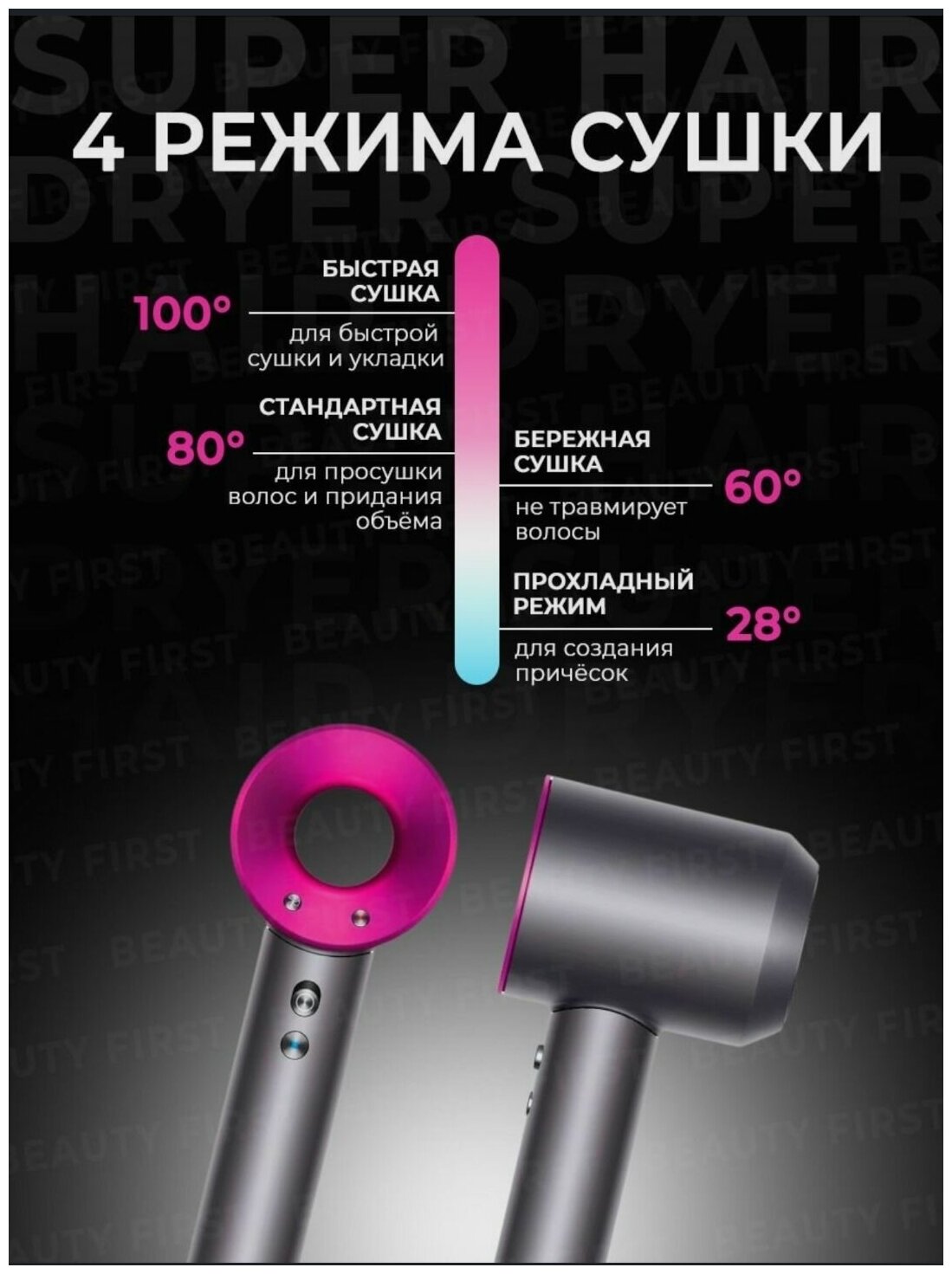 Фен для волос Super hair dryer , Набор для укладки волос BEAUTY FIRST , розовый - фотография № 4