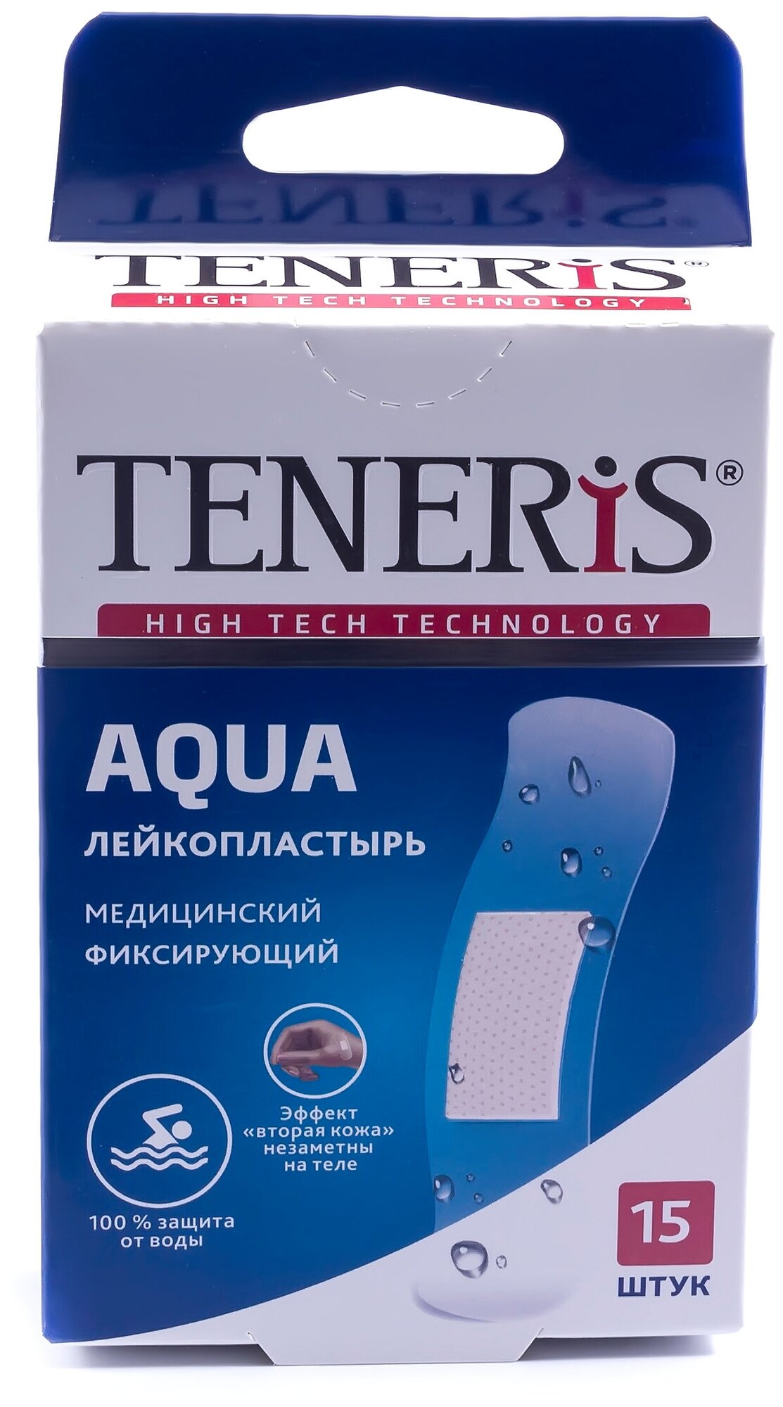 Набор пластырей 15 шт. TENERIS AQUA водонепроницаемый, на полимерной основе, коробка с европодвесом, 0208-004
