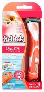 Фото Женский бритвенный станок SCHICK QUATTRO FOR WOMEN BIKINI (1 станок, 1 сменная кассета, подставка), 4-лезв. + лезвие-триммер, плавающая головка, увл.полоска, прорезиненная ручка