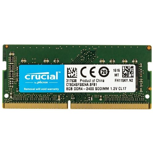 Оперативная память Crucial 8 ГБ DDR4 2400 МГц SODIMM CL17 CT8G4SFS824A оперативная память patriot memory sl 8 гб ddr4 2400 мгц sodimm cl17 psd48g240081s