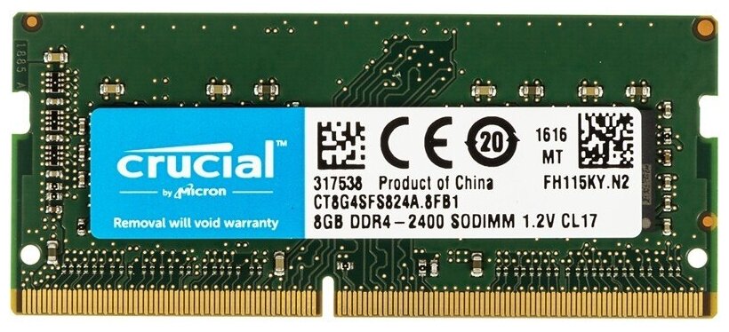 Оперативная память DDR4 8Gb 2400 Mhz Crucial CT8G4SFS824A PC4-19200 So-Dimm для ноутбука