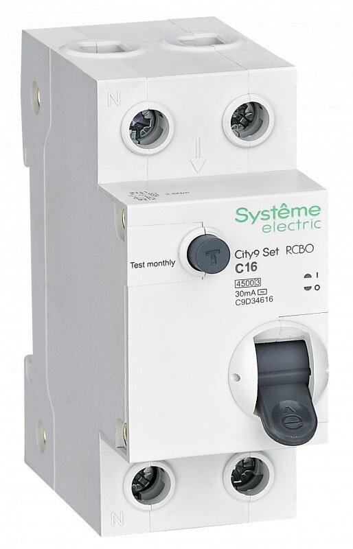 Дифференциальный автоматический выключатель 1P+N, 16А, 30mA, тип AС, 4.5kA (хар-ка C) City9 Systeme Electric, C9D34616 - фотография № 1