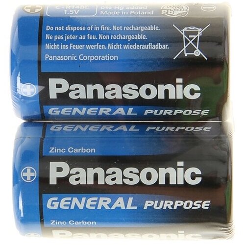 Батарейка солевая Panasonic General Purpose, C, R14-2S, 1.5В, спайка, 2 шт. panasonic батарейка солевая panasonic general purpose c r14 2s 1 5в спайка 2 шт