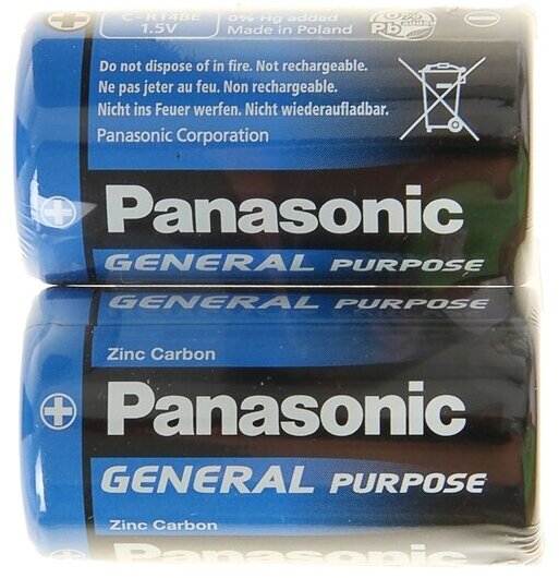 Батарейка солевая Panasonic General Purpose, C, R14-2S, 1.5В, спайка, 2 шт.