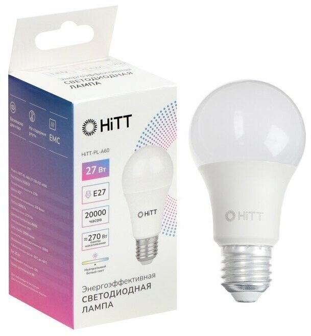 Лампа HiTT-PL, A60, 27 Вт, 230 В, E27, 4000 К