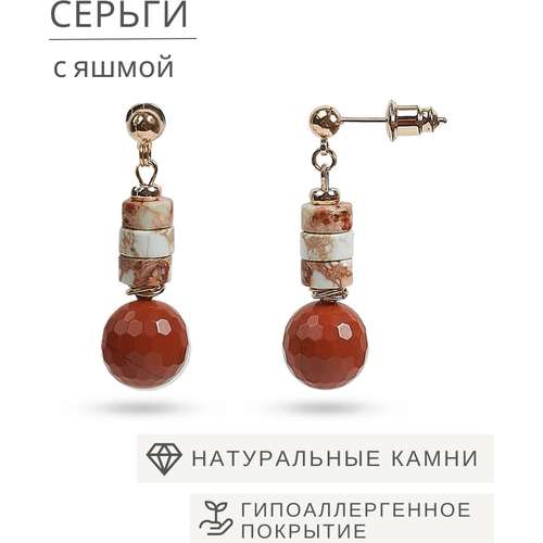 фото Серьги с подвесками elena minakova jewelry design, бижутерный сплав, золочение, яшма, золотой, красный
