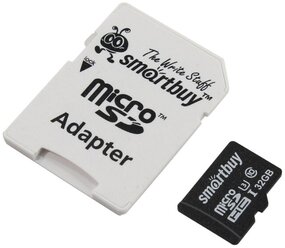 Карта памяти SmartBuy Professional microSDHC Class 10 UHS-I U3 + SD adapter 32 GB, чтение: 90 MB/s, запись: 70 MB/s, адаптер на SD, черный/белый