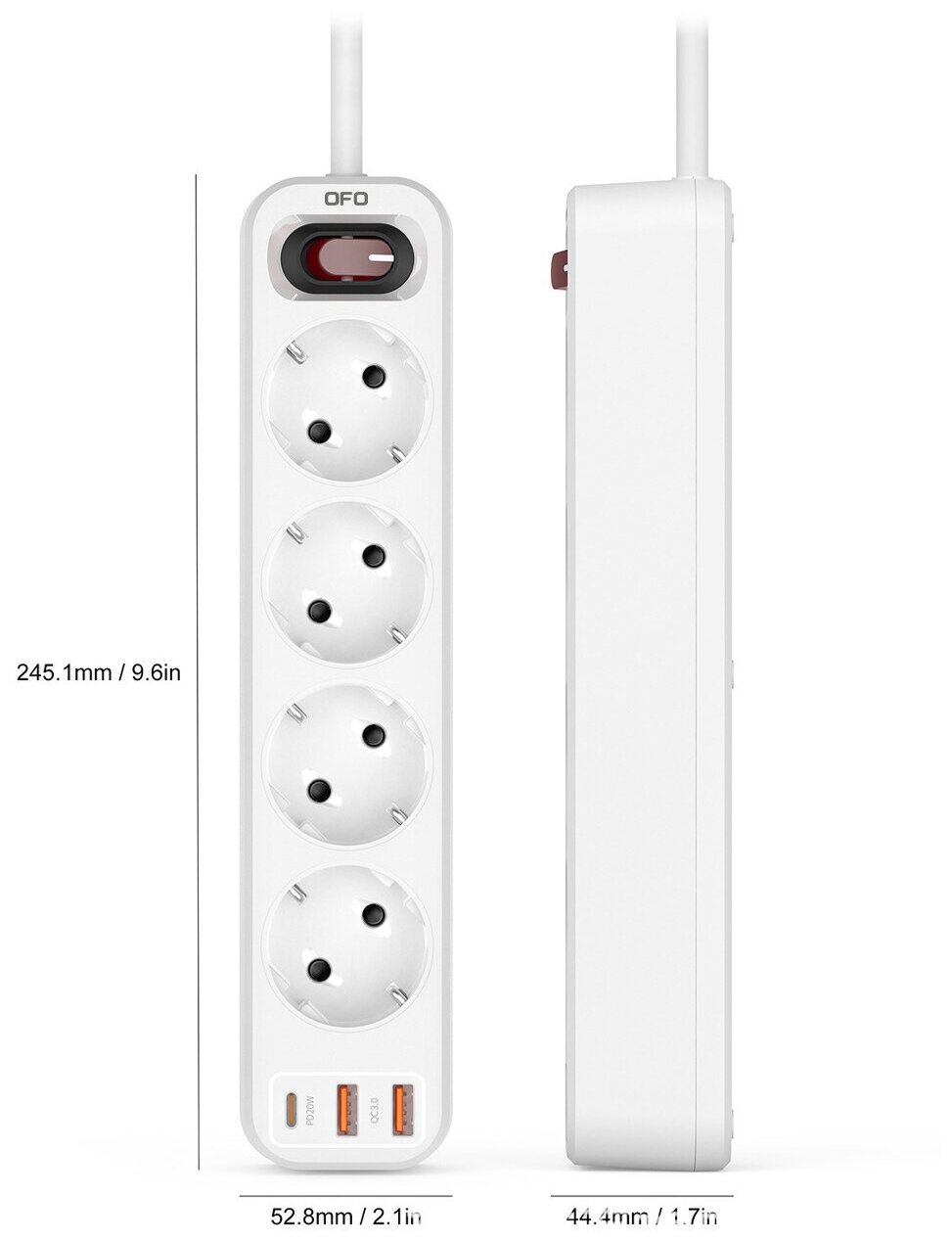 Удлинитель бытовой электрический (белый) OFOPRO, сетевой фильтр, 4 гнезда-розетки, 2 USB, 1 USB TYPE C, 1.8м, 16А/4000Вт - фотография № 2