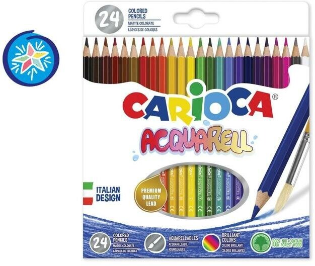 CARIOCA Карандаши акварельные 24 цвета Carioca Acquarel, шестигранные, деревянные, мягкий грифель 3,3 мм, картонная упаковка