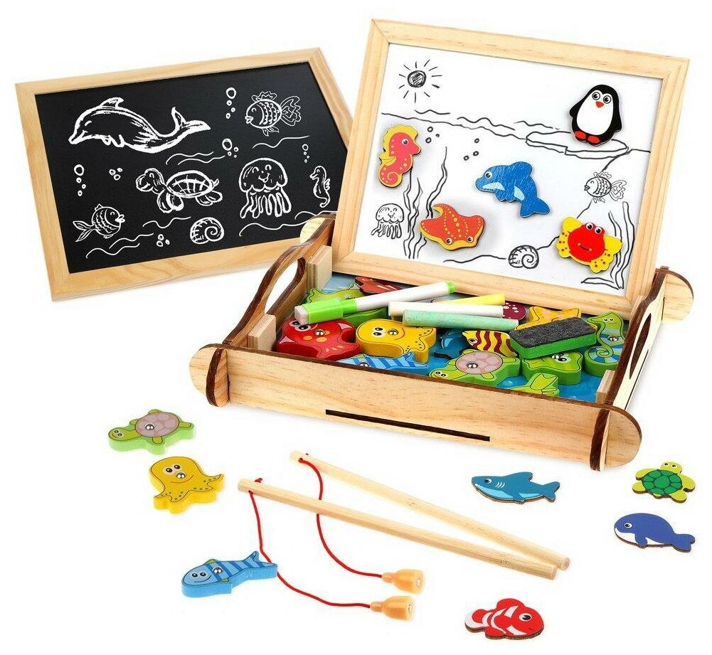 Игровой набор Mapacha Бизи-чемоданчик Рыбалка доска для рисования, меловая доска, магнитные фигурки и фигурки для рыбалки, удочка