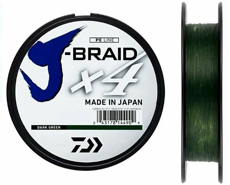 Шнур плетеный для рыбалки PE Daiwa J-BRAID X4 (0.10 мм, 3.8 кг, 135 м) цв. Тёмно-Зелёный