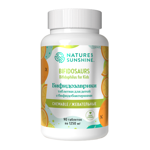 Купить Бифидозаврики жевательные таблетки для детей с бифидобактериями / Bifidophilus Chewable for Kids «Bifidosaurs» / 90 таблеток по 1250 мг, Nature's Sunshine