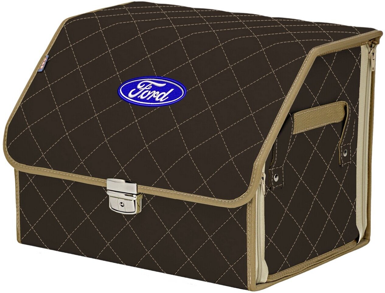 Органайзер-саквояж в багажник "Союз Премиум" (размер M). Цвет: коричневый с бежевой прострочкой Ромб и вышивкой Ford (Форд).
