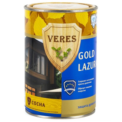 VERES пропитка Gold Lazura, 0.9 л, №2 Сосна декоративная пропитка для дерева veres gold lazura 2 глянцевая 10 л сосна