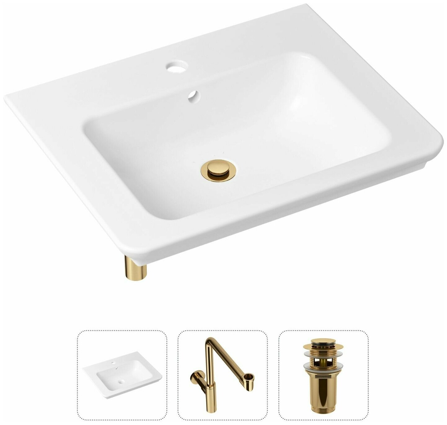 Комплект 3 в 1 Lavinia Boho Bathroom Sink 21520427: врезная фарфоровая раковина 60 см, металлический сифон, донный клапан