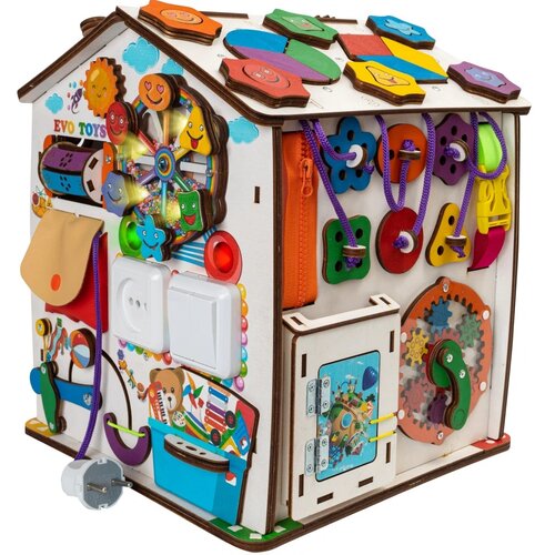Бизиборд развивающий домик Evotoys Смайлики на аттракционе 30х35 см со светом
