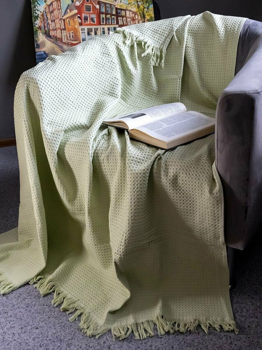 фото Покрывало вафельное с бахромой Евро 200х220, Вальтери, хлопок, светло-зеленое