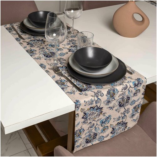 Декоративная дорожка, кухонная скатерть на стол для дома(130х35см). Полулен. Синее Цветение/Floraison bleue