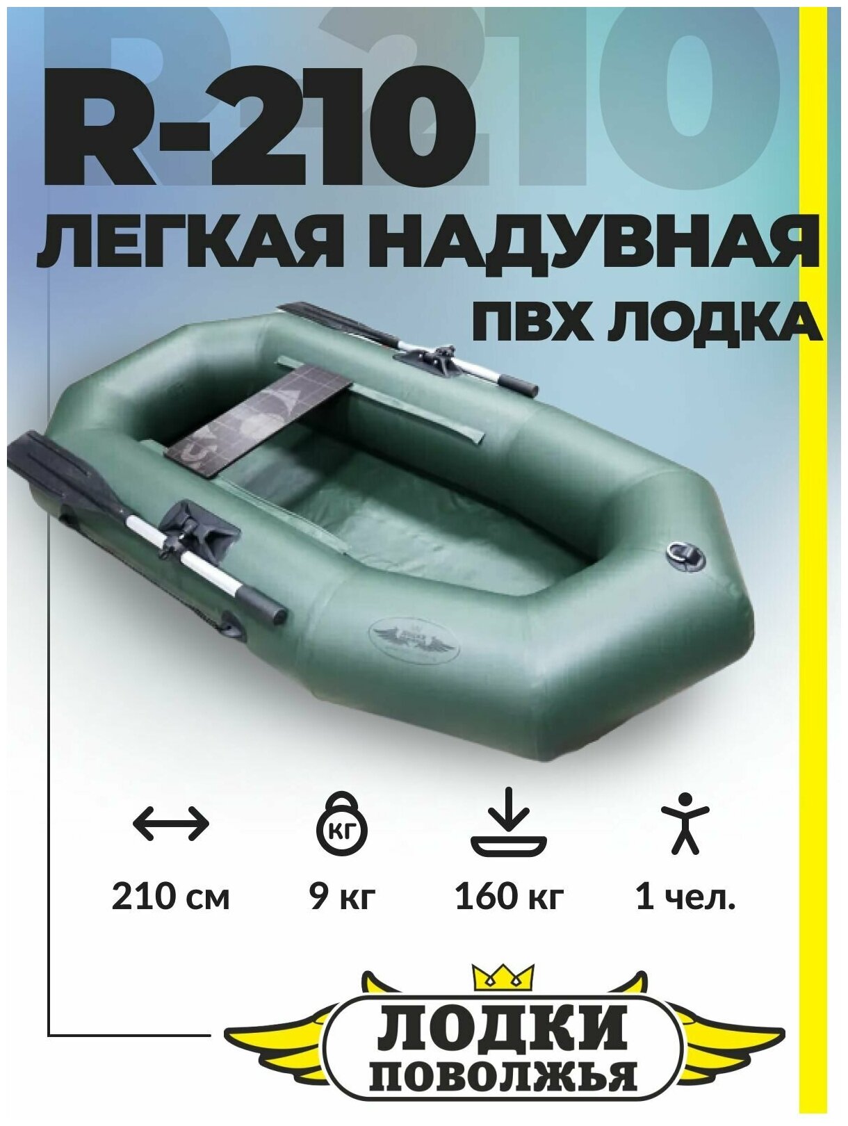 Лодка ПВХ гребная надувная Лодки Поволжья R-210 одноместная для рыбалки, зеленая