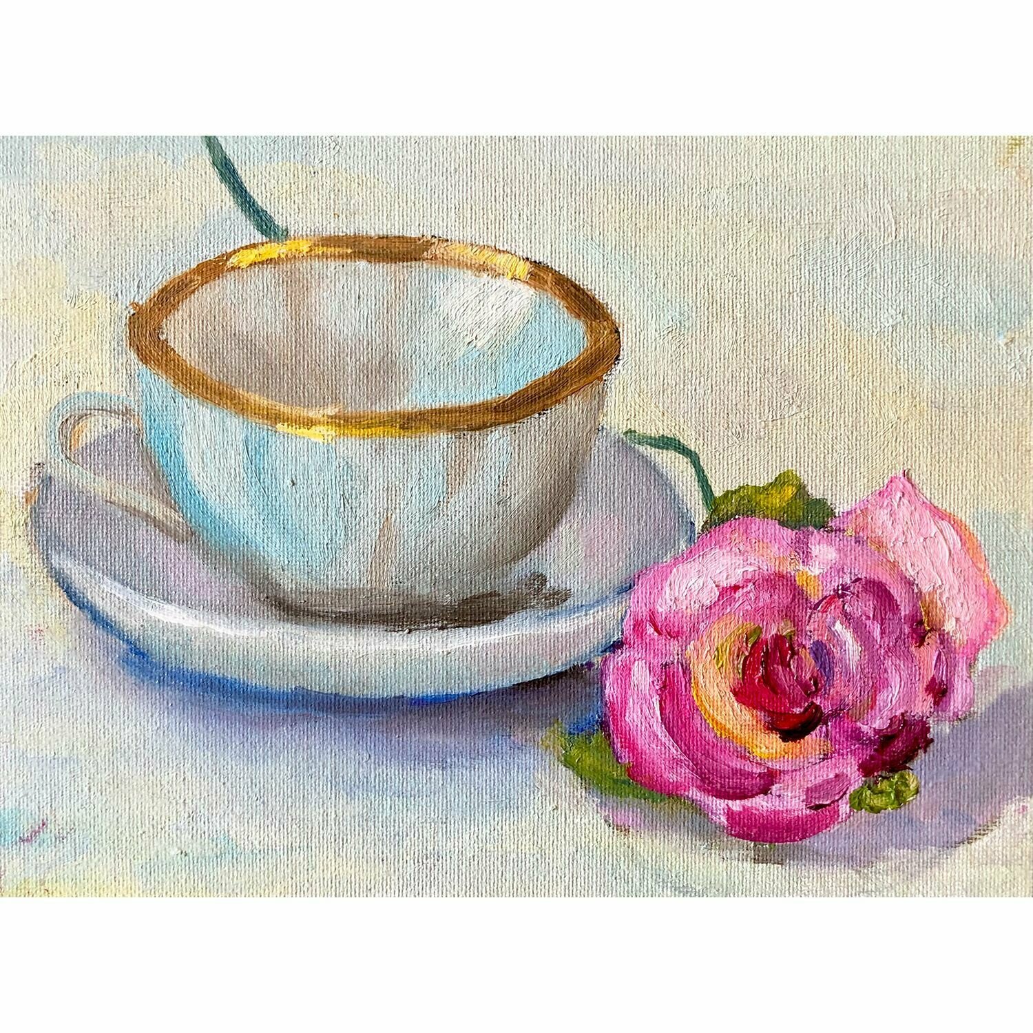 Картина маслом ручной работы Натюрморт с чашкой и розой в раме