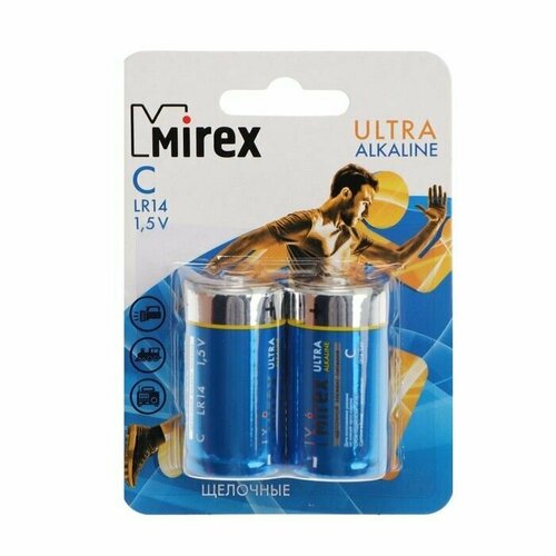 Батарейка алкалиновая Mirex, C, LR14-2BL, 1.5В, блистер, 2 шт. батарейка алкалиновая космос lr14 упаковка 2 шт