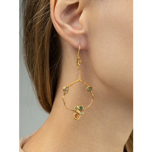 Серьги непарные Братья Глазуновы, серебро, 925 проба, золочение, гранат, цаворит, размер 56 мм, длина 5 см, , золотистый