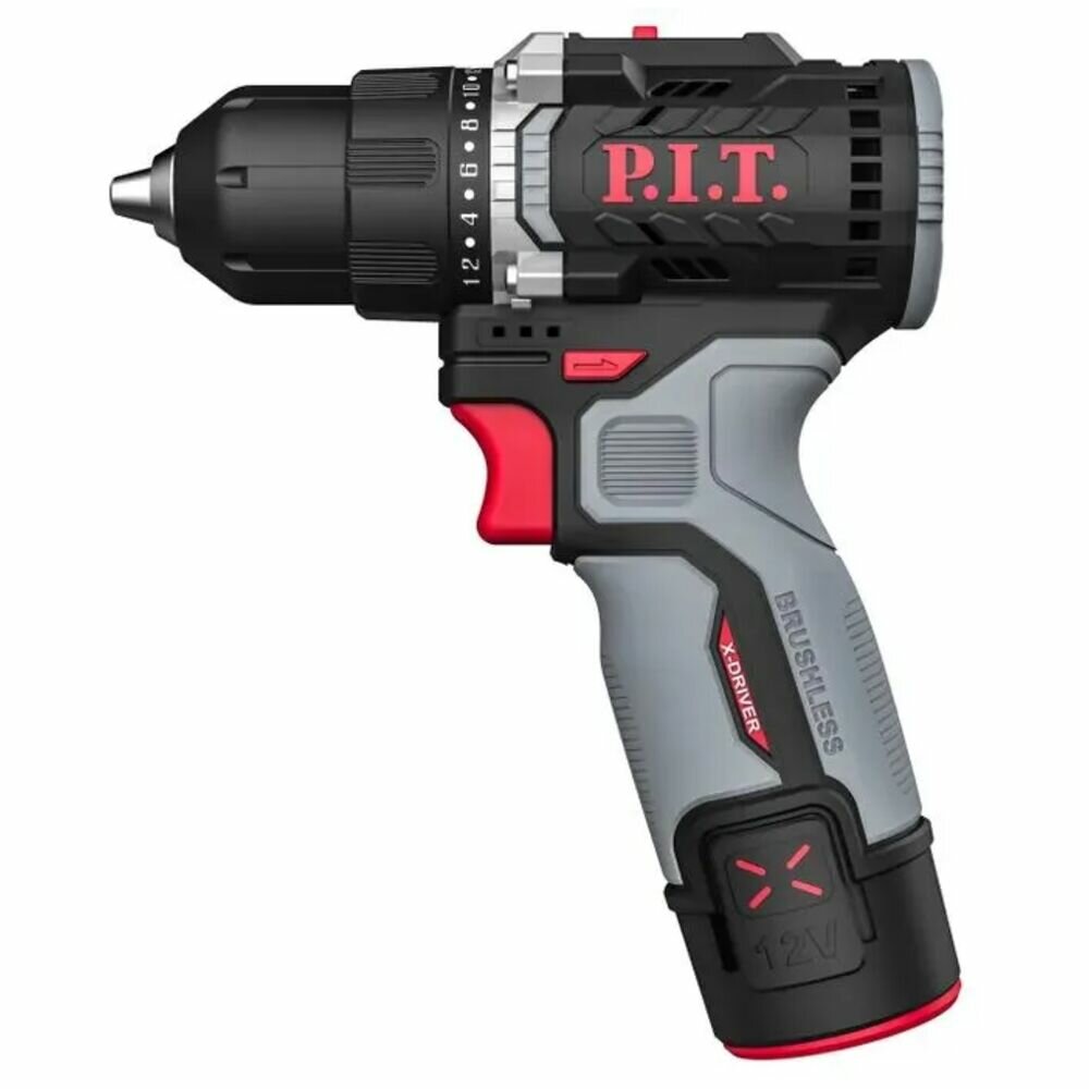 Аккумуляторная дрель-шуруповерт P.I.T. PBM12K-10B/1 X-DRIVER (12В, 35Нм, 10 мм, 2ск, 1 акб 2,0Ач, ЗУ, кор.)