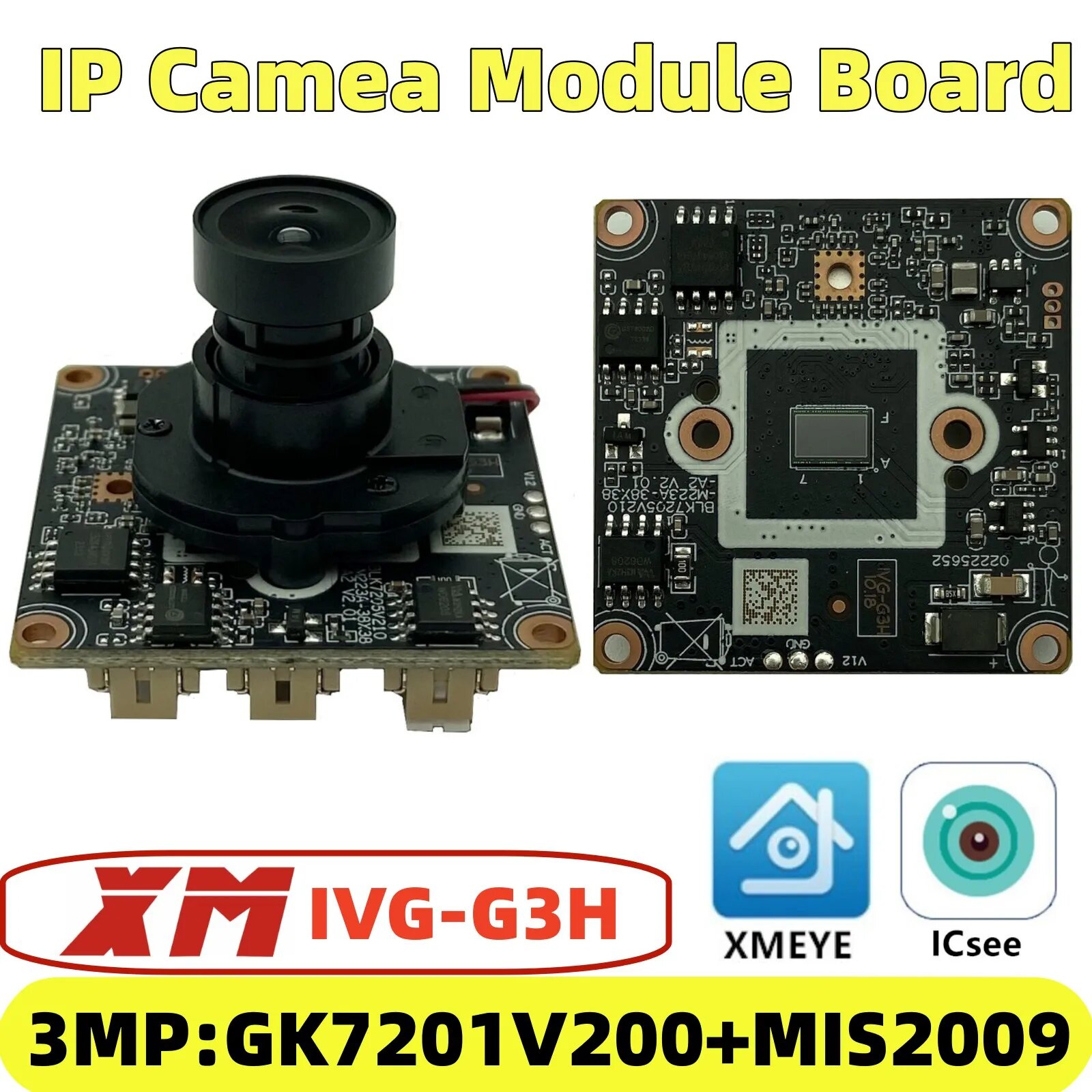 3MP XM IP плата модуля камеры IRCut M12 объектив IVG-G3H GK7201V200 + MIS2009 2304*1296 H.265 P2P ICsee XMEye радиатор Onvif RTSP, with RCA Cable, 2,8 мм