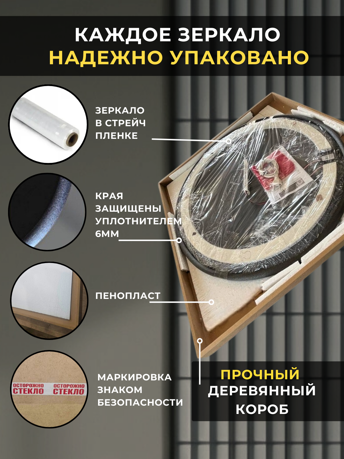 Зеркало для ванной с подсветкой 4500К (нейтральный свет) сенсорное управление регулировка яркости круглое диаметр 60 см. — фото 1