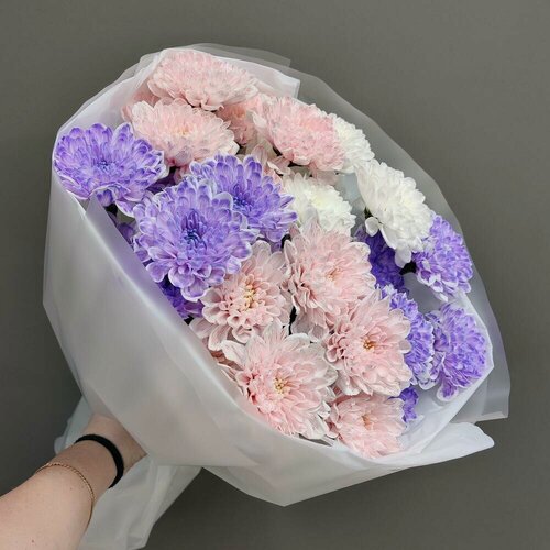 Изображение товара Монобукет Цветочный ЛЕС из Хризантем микс, 50 см, 5 шт, белый/розовый/фиолетовый