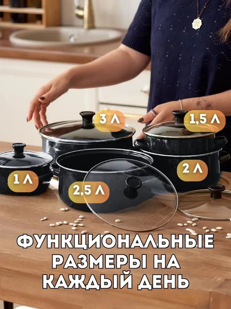 Набор кастрюль с крышками 5 штук из нержавеющей стали, черные/ Набор посуды для приготовления, индукция — фото 1