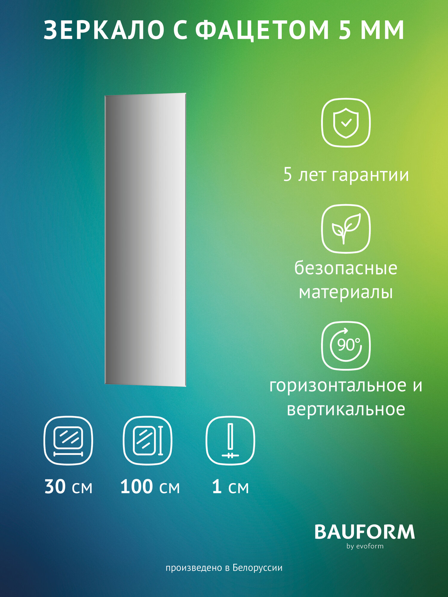 Зеркало настенное с фацетом Прямоугольное FACET 5 BAUFORM 30x100 см для гостиной прихожей спальни кабинета и ванной комнаты SP 9771