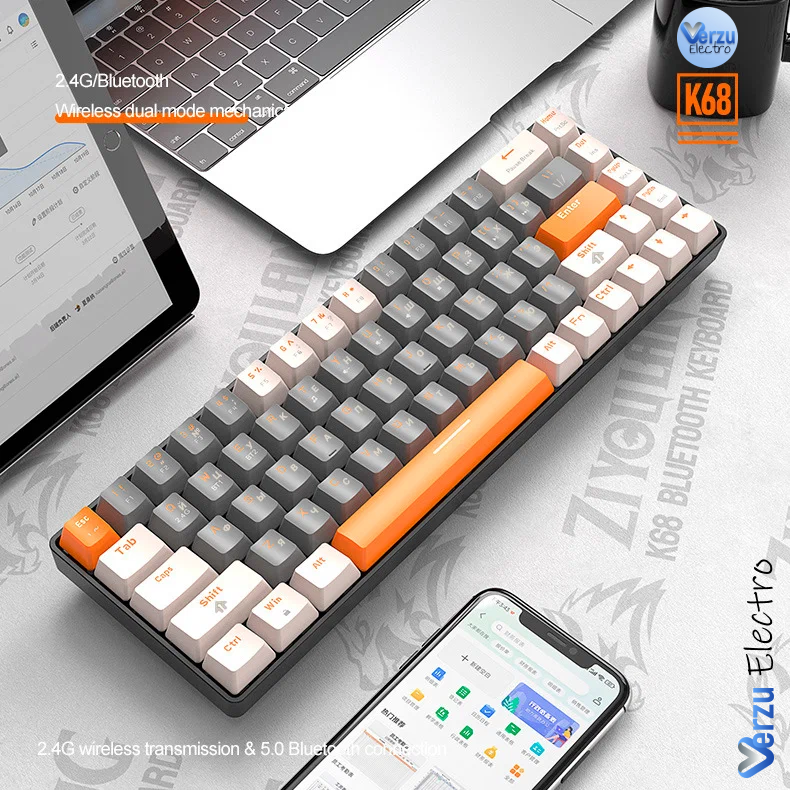 Клавиатура механическая беспроводная русская Free Wolf K68 Ultra Bluetooth+2.4G+Hot Swap игровая для компьютера ноутбука планшета Серая/Бежевая/Оранж