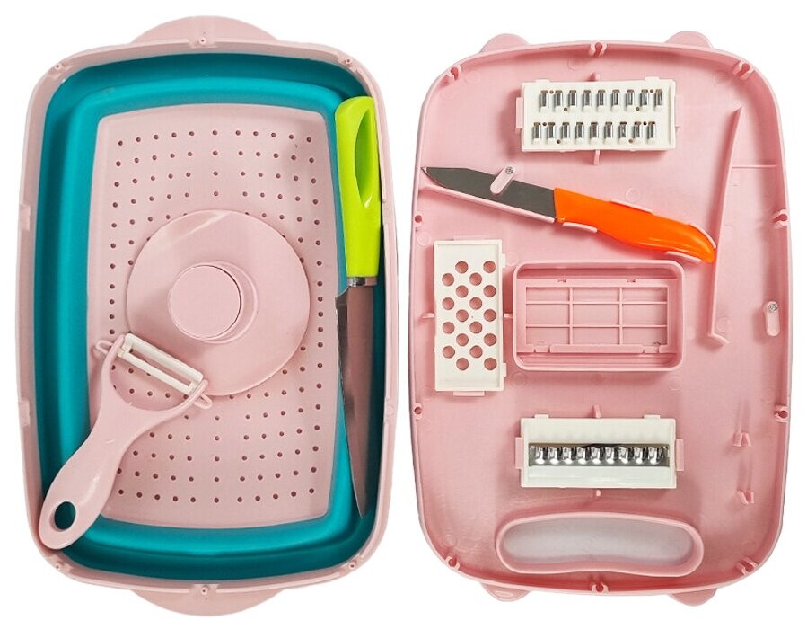 Многофункциональный кухонный набор 5 в 1, овощерезка, картофелечистка, доска с набором ножей и дуршлаг, розово-голубой - фотография № 2